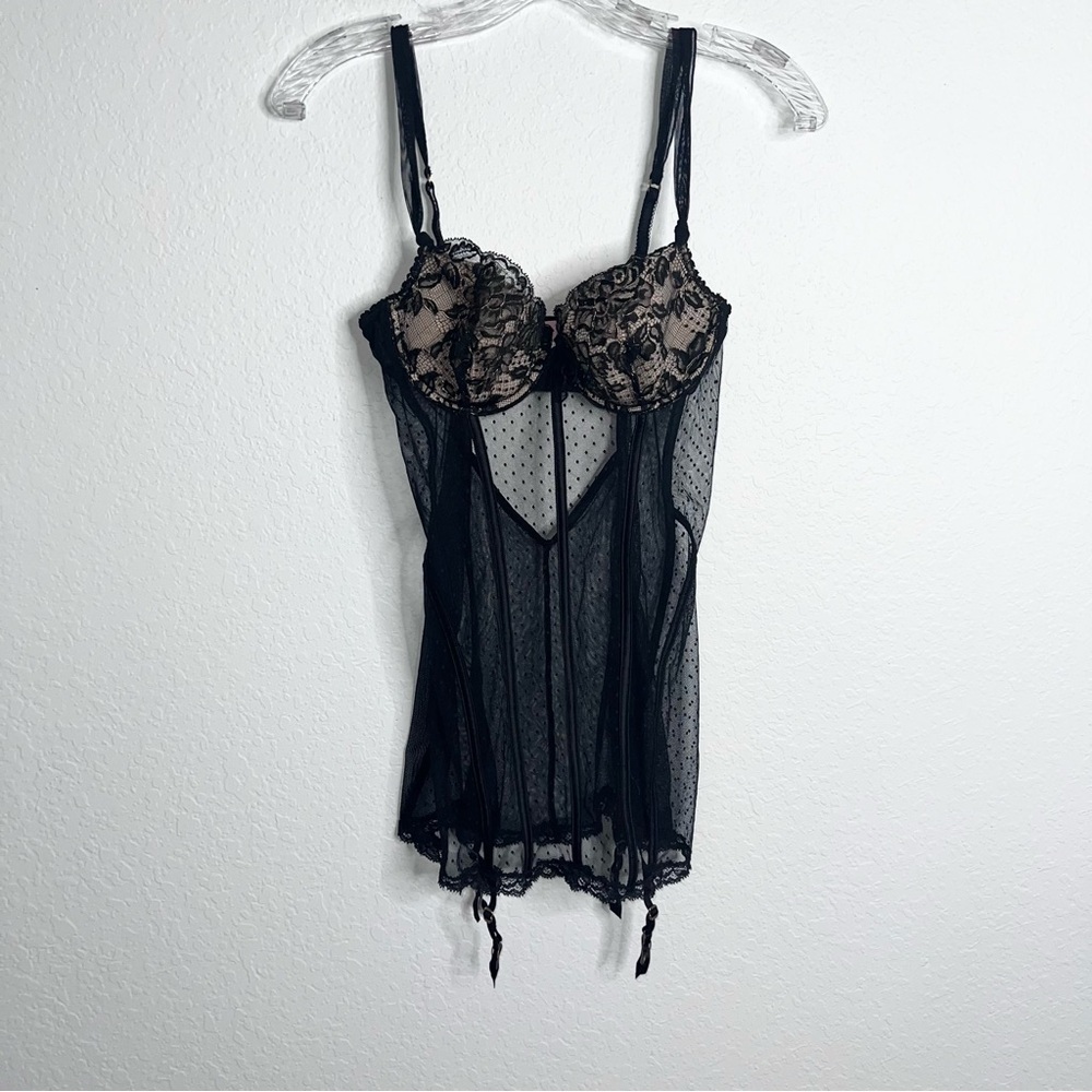 Victoria Secret slip 34C Sheer black Lace Underwired garter straps lingerie BB